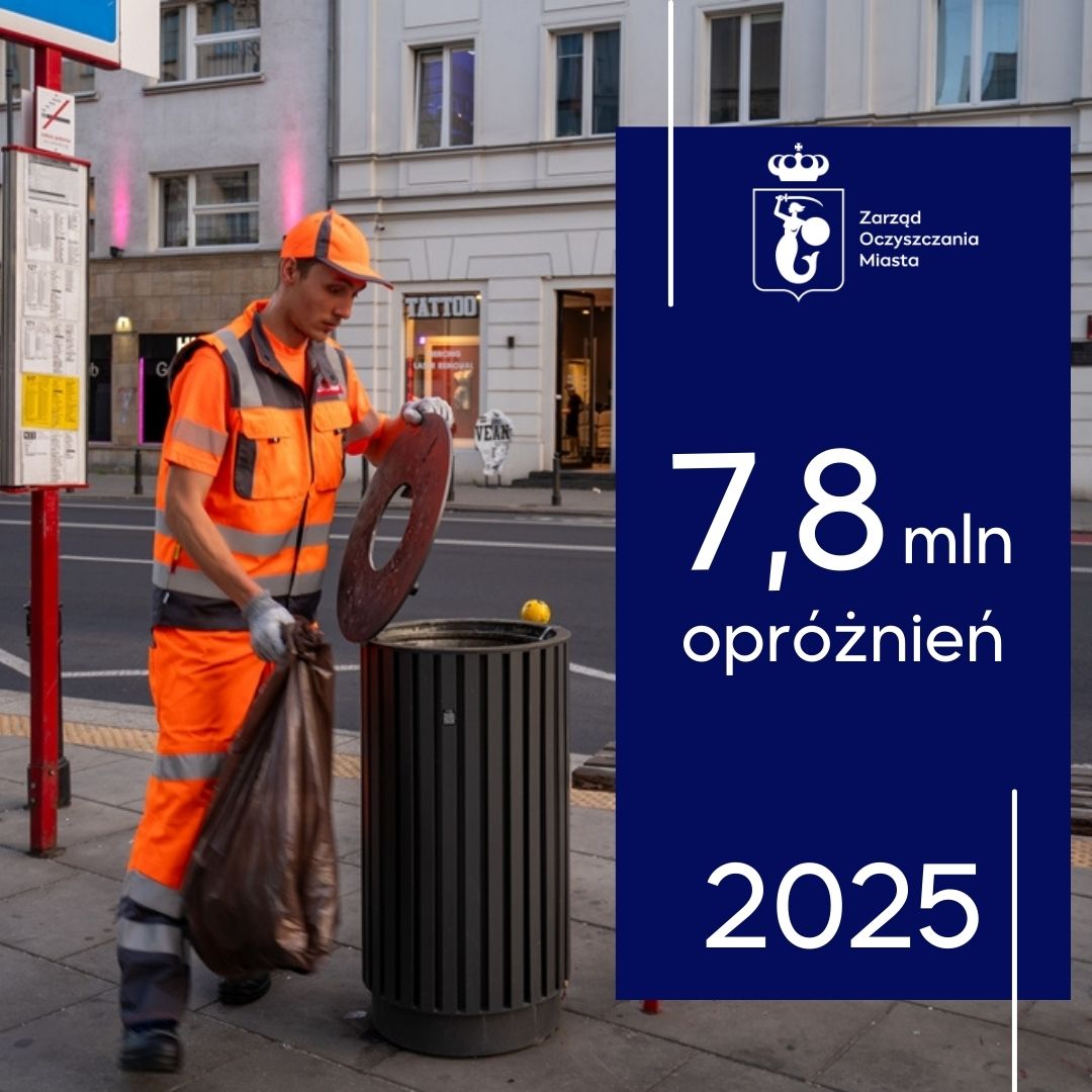 Pracownik ekipy porządkowej w odblaskowym ubraniu opróżnia uliczny kosz na śmieci. Z prawej strony na granatowym tle biały logotyp Zarządu Oczyszczania Miasta oraz napisy: 7,8 mln opróżnień, 2025