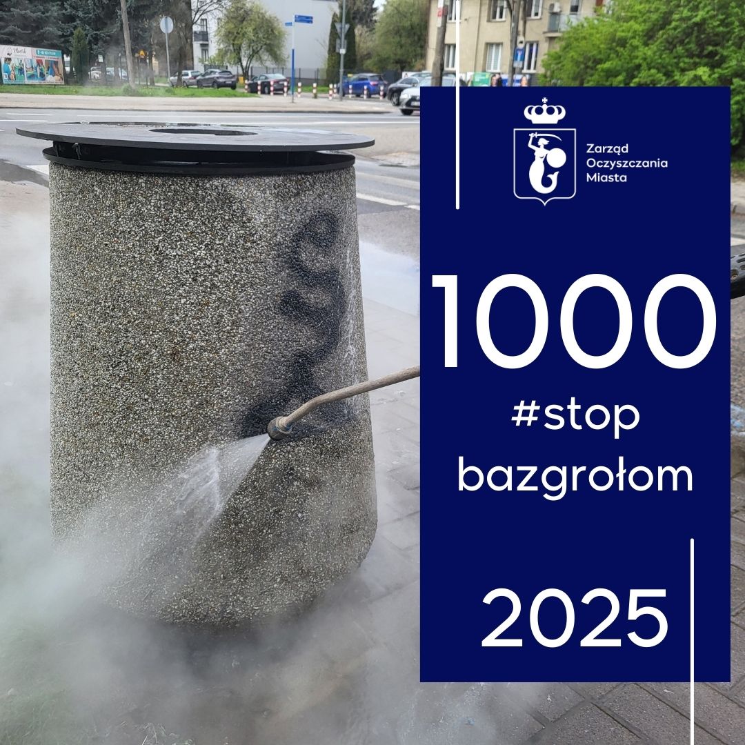 Mycie kosza myjką ciśnieniową, z prawej strony na granatowym tle biały logoty Zarządu Oczyszczania Miasta oraz napisy: 1000 #stopbazgrołom, 2025
