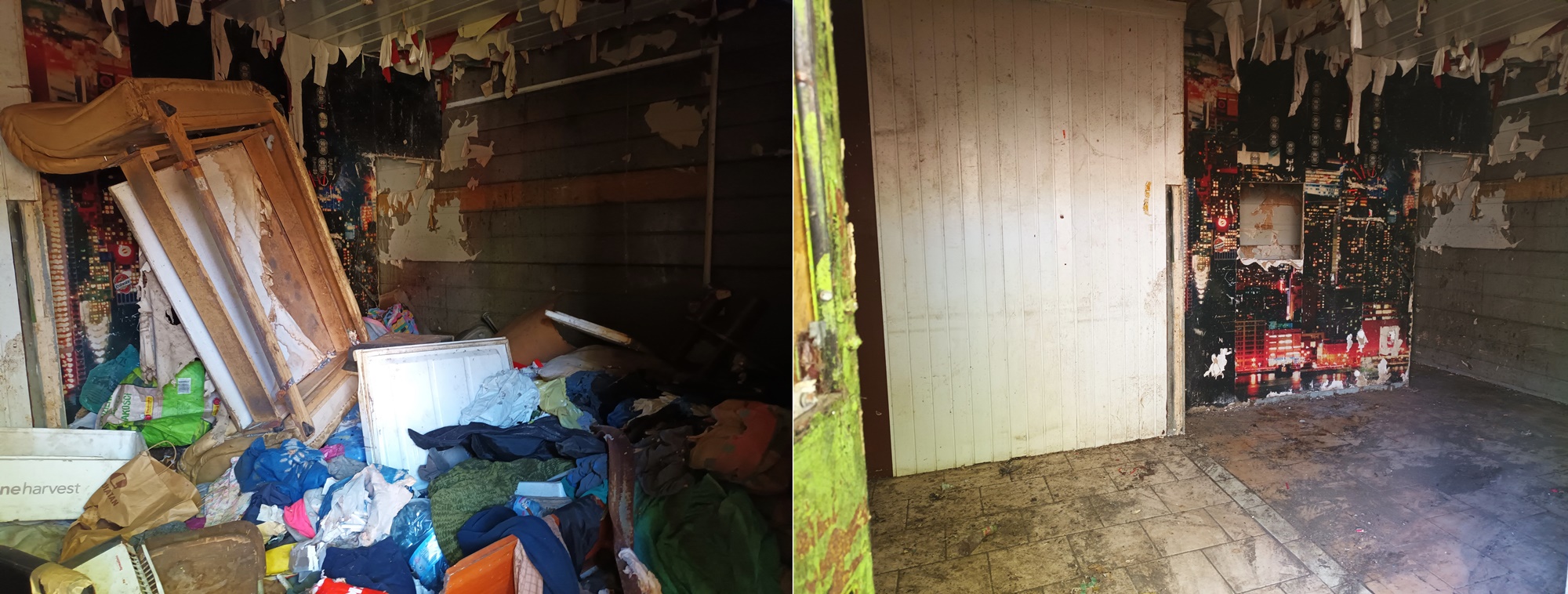 Zestawienie dwóch zdjęć: po lewej zaśmiecone pomieszczenie opuszczonego pawilonu handlowego, po prawej to samo pomieszczenie już oczyszczone